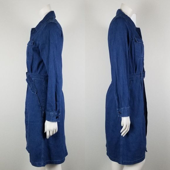 A.P.C. Indigo Chambray Denim Minimalist Cotton Knee Length Belted Shirt Dress M - Picture 2 of 13